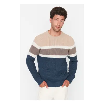 Trendyol Beige Slim Fit Wool Crew Neck Panelled Color Block Knitwear Sweater