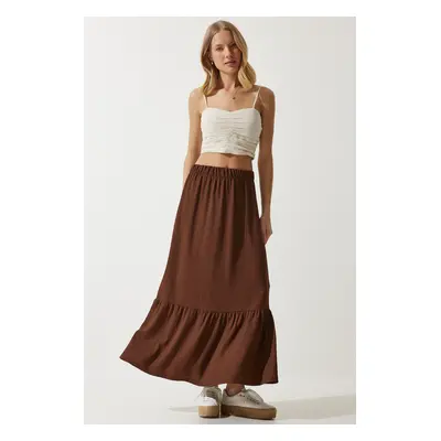 Happiness İstanbul Women's Brown Flounce Summer Midi Skirt