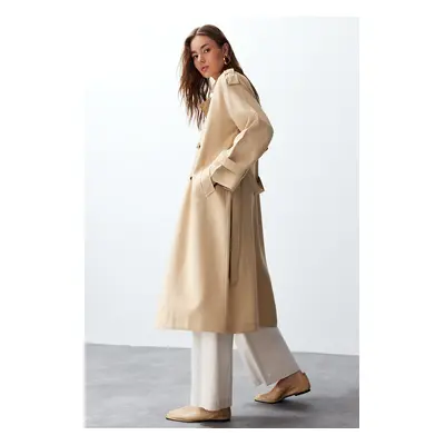 Trendyol Beige Oversize Wide Fit Soft Textured Long Trench Coat with Belt