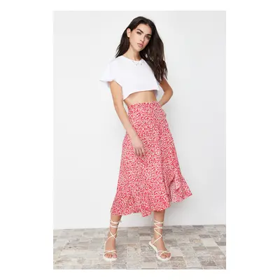 Trendyol Red Printed High Waist Flexible Skirt with Gather Detail and Flounce