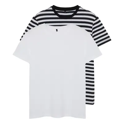 Trendyol White-Black Striped Basic Regular/Normal Cut 2-Pack Short Sleeve T-Shirt