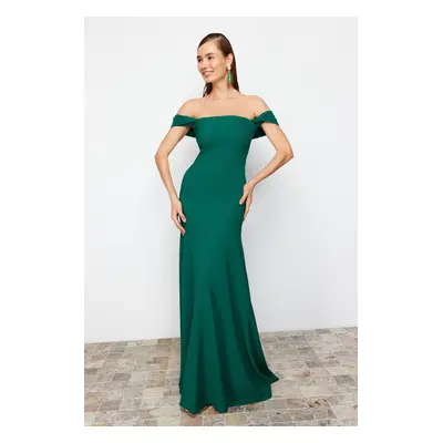 Trendyol Emerald Green Body-Fitting Carmen Collar Woven Elegant Evening & Graduation Dress