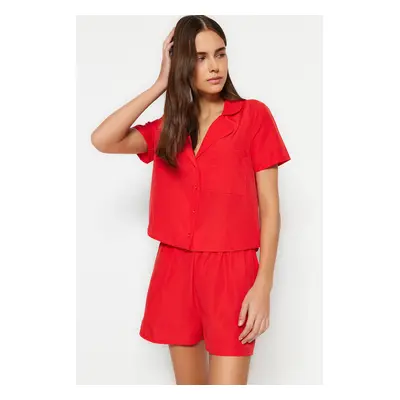 Trendyol Dark Red Terrycotton Woven Pajama Set with Shorts