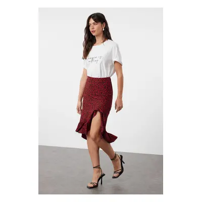 Trendyol Red Floral Ruffle Slit Flexible Midi Knitted Skirt