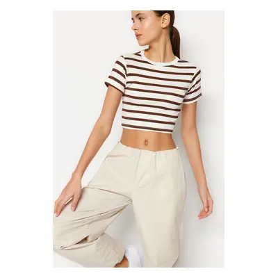 Trendyol Premium Brown Ecru Striped Viscose Crop Crew Neck Flexible Knitted Blouse