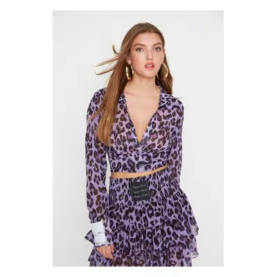 Trendyol X Sagaza Studio Purple Leopard Printed Chiffon Shirt