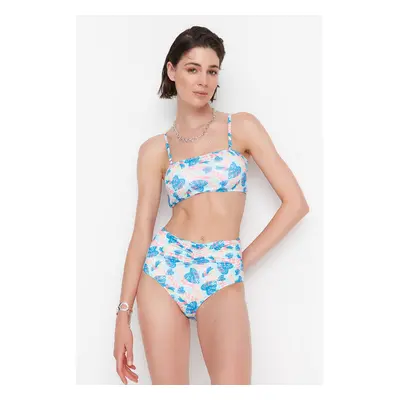 Trendyol High Waist Bikini Bottoms With Floral Pattern Shirring