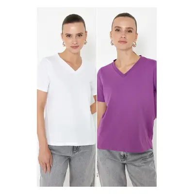 Trendyol Purple-White 100% Cotton 2-Pack Basic V-Neck Knitted T-Shirt