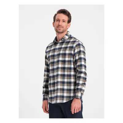 Ombre Classic men's flannel check cotton shirt - brown and navy blue