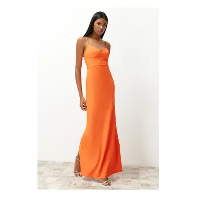 Trendyol Orange Chest Detailed Fitted Woven Long Evening Dress