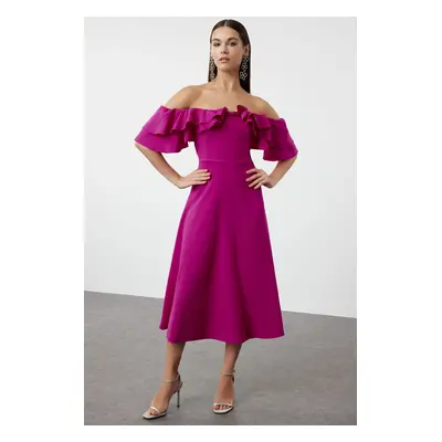 Trendyol Fuchsia A-Line Carmen Collar Woven Elegant Evening Dress