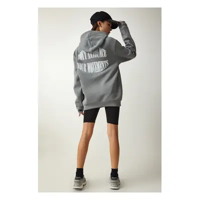 Happiness İstanbul Women's Gray Hooded Rack Printed Sweatshirt