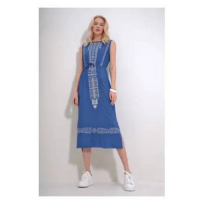 Trend Alaçatı Stili Women's Indigo Embroidery Printed Bohemian Dress