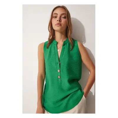 Happiness İstanbul Women's Dark Green Wooden Buttoned Ayrobin Blouse