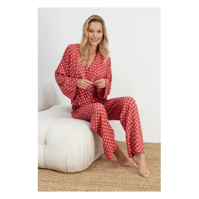 Trendyol Pale Pink Heart Pattern Tie Detailed Viscose Woven Pajamas Set