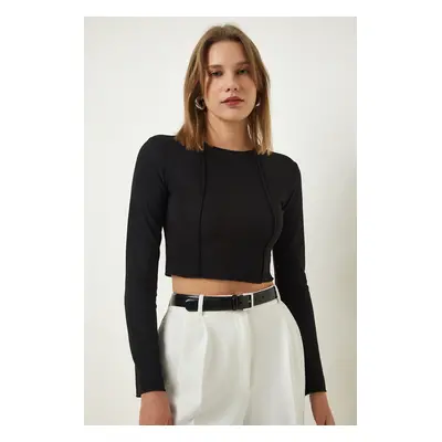 Happiness İstanbul Black Ribbed Ribbed Crop Blouse