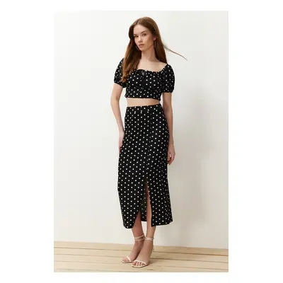 Trendyol Black Polka Dot Carmen Collar Ribbed Flexible Knitted Blouse/Skirt Top-Bottom Set