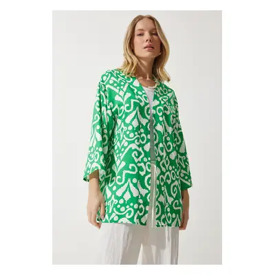 Happiness İstanbul Women's Green Ecru Patterned Viscose Kimono