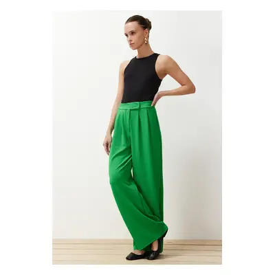 Trendyol Green Hook and Loop Closure High Waist Pleated Wide Leg/Wide Cut Knitted Palazzo Trouse