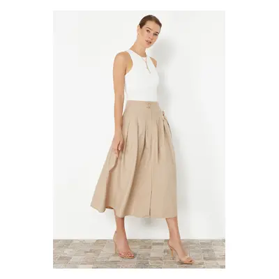 Trendyol Beige Pleated Detailed Front Buttoned Midi Length Woven Skirt