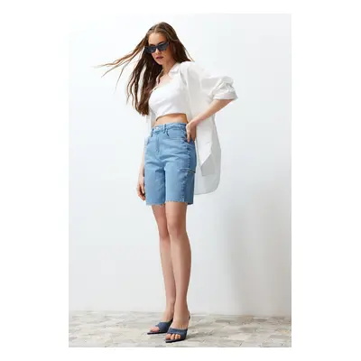 Trendyol Light Blue Ripped High Waist Denim Bermuda