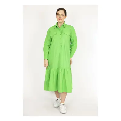 Şans Women's Green Plus Size Front Pat Buttoned Chest Pocket Tiered Hem Dress