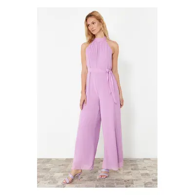 Trendyol Lilac Belted Maxi Chiffon Lined Woven Jumpsuit