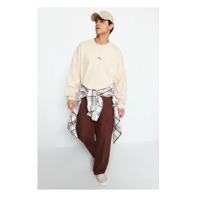 Trendyol Beige Crew Neck Oversize/Wide Cut Fleece Inside/Warm Dinosaur Embroidery Sweatshirt