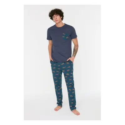 Trendyol Navy Blue Regular Fit Printed Knitted 100% Cotton Pajama Set