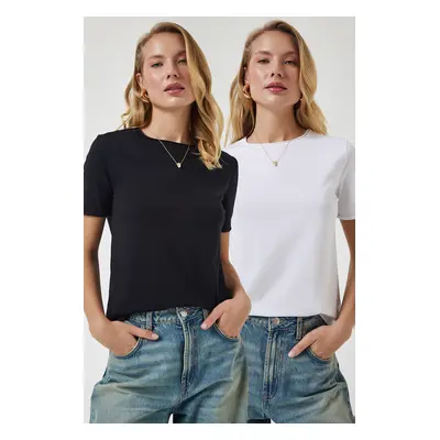 Happiness İstanbul Women's Black and White Crew Neck 2-Pack Basic Knitted T-Shirt