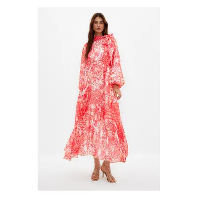 Trendyol Red Floral Patterned Lined Long Chiffon Evening Dress