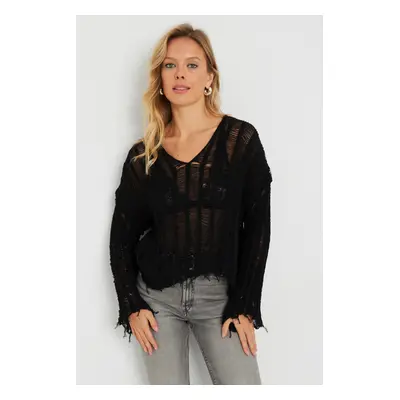 Cool & Sexy Women's Openwork Knitwear Blouse Black YZ618