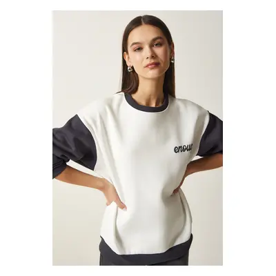 Happiness İstanbul Women's White Anthracite Color Block Color Raising Sweatshirt