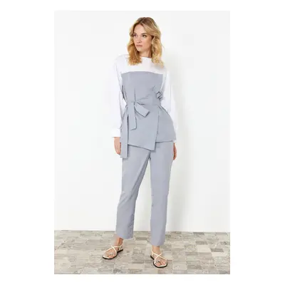 Trendyol Gray Color Blocked Cotton Woven Bottom-Top Set