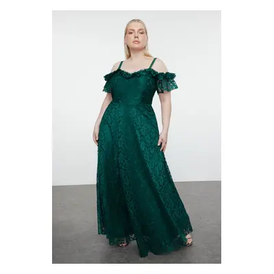 Trendyol Curve Emerald Green Straped A-Line/A-Line Lace Long Evening Dress/Graduation/Engagement