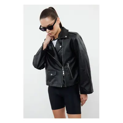 Trendyol Black Regular Faux Leather Biker Jacket Coat