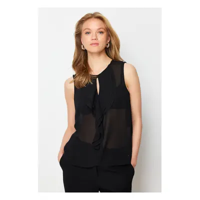 Trendyol Black Flounced Transparent Zero Sleeve Woven Blouse