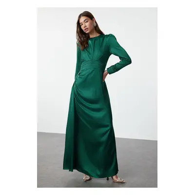 Trendyol Emerald Green Belt Detailed Satin Woven Evening Dress