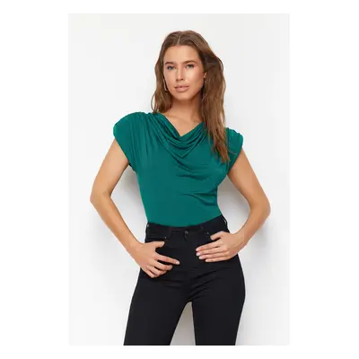 Trendyol Emerald Green Degaje Collar Padded Sandy Stretch Knitted Blouse