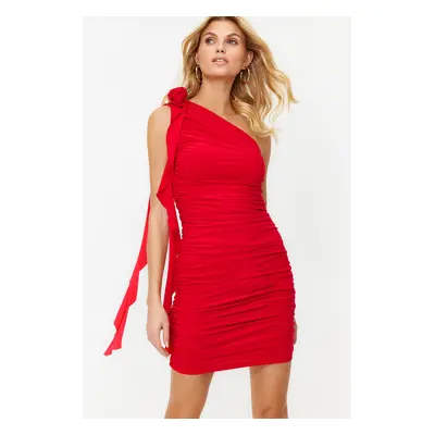 Trendyol Red Draped Rose and Ruffle Knitted Short Elegant Evening Dress