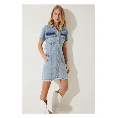 Happiness İstanbul Women's Medium Blue Tassel Detail Mini Denim Dress