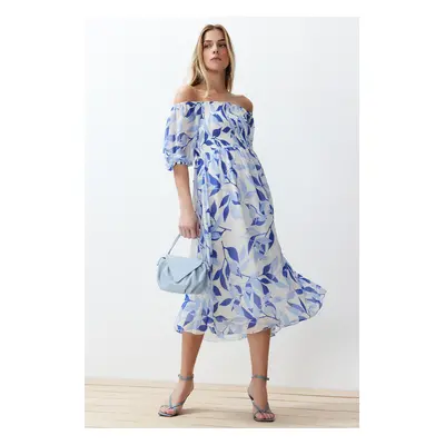 Trendyol Madonna neck Chiffon Maxi Woven Dress with Blue Floral Skirt Opening at the Waist