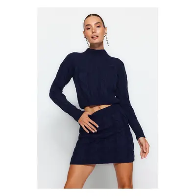 Trendyol Navy Blue Crop High Collar Knitwear Skirt Bottom-Top Set