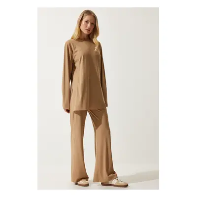 Happiness İstanbul Women's Biscuit Ribbed Knitted Blouse Pants Suit