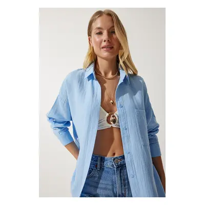 Happiness İstanbul Women's Sky Blue Pocket Oversize Muslin Shirt