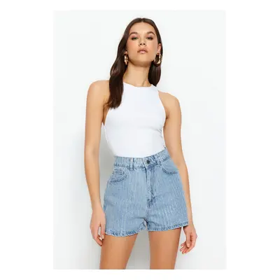 Trendyol High Waist Denim Shorts With Blue Stones