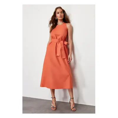 Trendyol Orange Belted 100% Cotton Poplin Pocket Midi Woven Dress