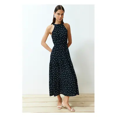 Trendyol Black Polka Dot Waist Opening Viscose Midi Woven Dress