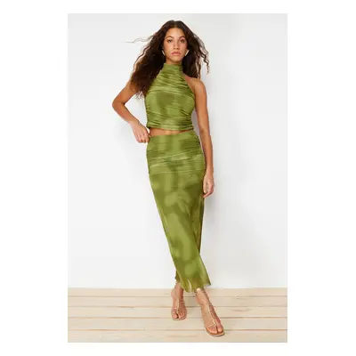 Trendyol Green Draped Maxi Tulle Stretchy Knitted Skirt