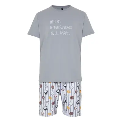 Trendyol Gray Regular Fit Printed Knitted Shorts Pajamas Set